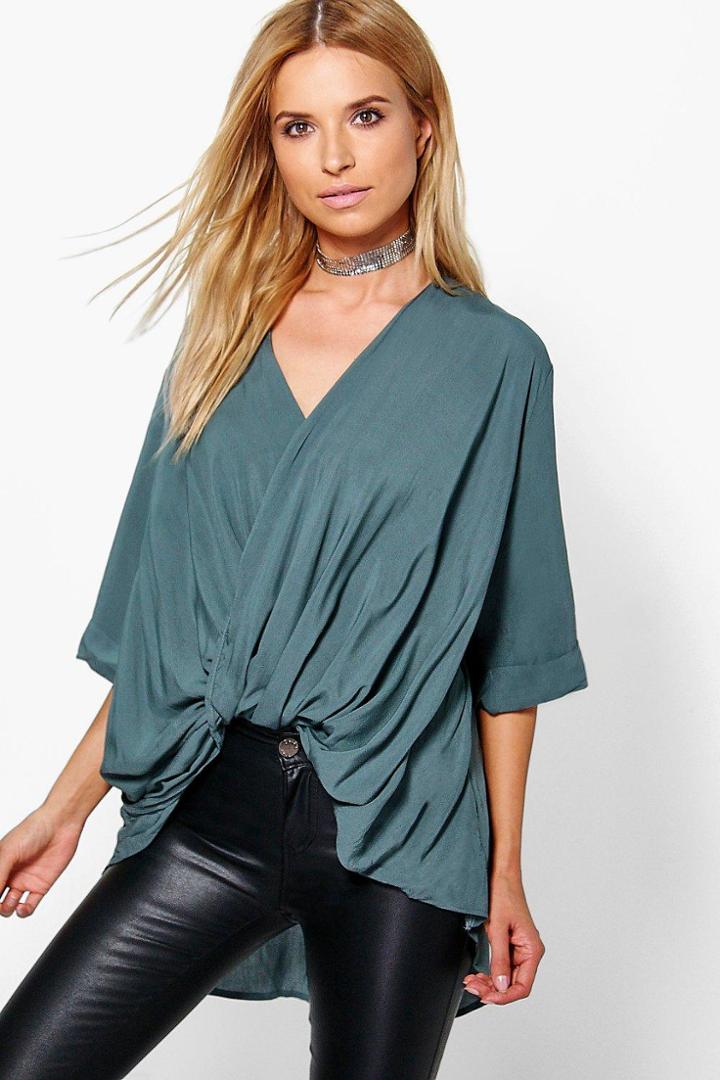 Boohoo Edie Wrap Front 3/4 Sleeve Blouse Grey