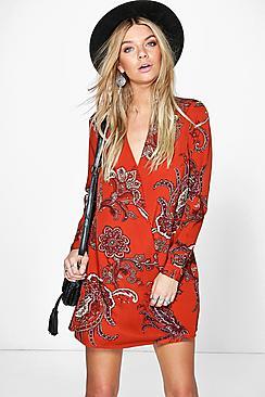 Boohoo Lillian Paisley Wrap Shirt Dress