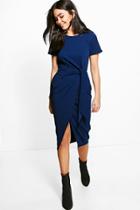 Boohoo Lottie Tie Front Tailored Scuba Midi Dress Navy