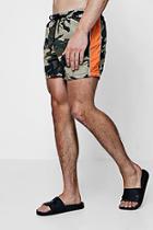 Boohoo Camo Print Swim Shorts With Orange Stripe