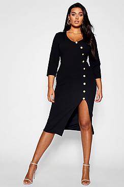 Boohoo Plus Gold Button Wrap Midi Dress