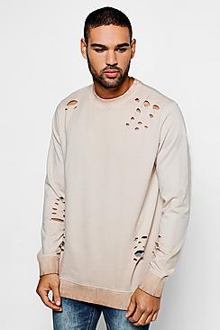 Boohoo Distressed Sweater In Stone Wash