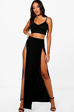 Boohoo Mara Slinky Double Extreme Split Maxi Skirt