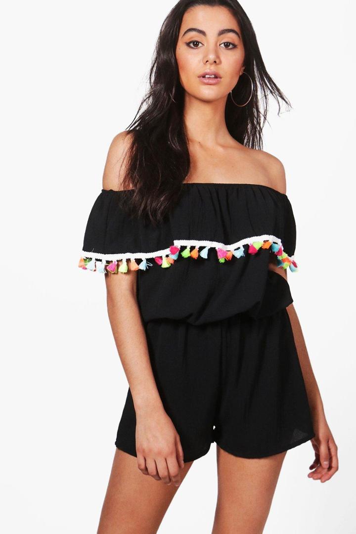 Boohoo Jenny Neon Tassel Trim Bandeau Playsuit Black