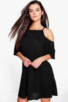 Boohoo Lucia Strappy Textured Cold Shoulder Swing Dress Black