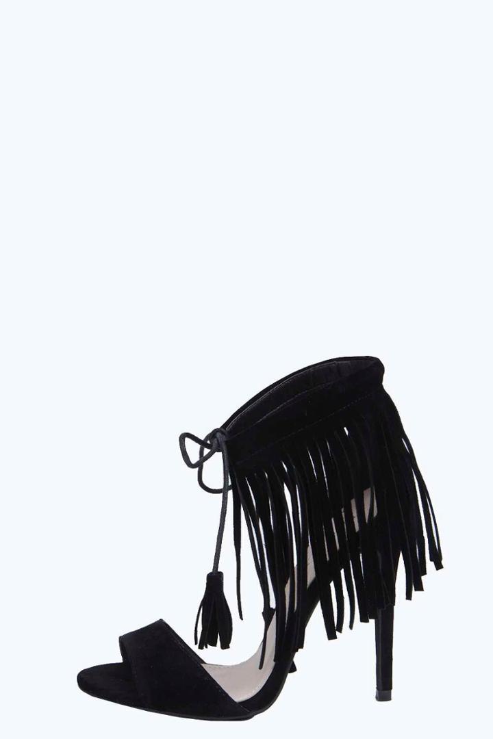 Boohoo Faye Tassel Cross Strap Single Platform Heels Black