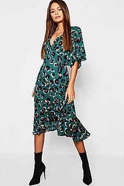 Boohoo Wrap Front Ruffle Hem Leopard Print Midi Dress