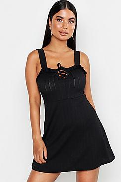 Boohoo Petite Plaited Rib Frill Skater Dress