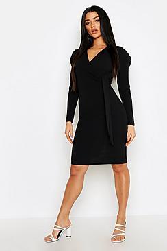 Boohoo Volume Sleeve Wrap Midi Dress