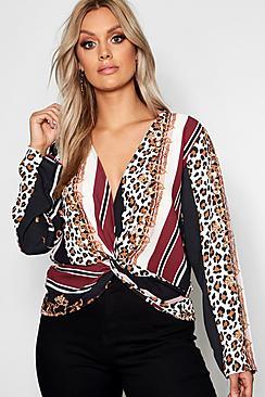Boohoo Plus Leopard Chain Print Twist Top