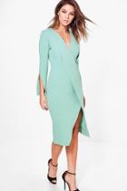 Boohoo Fay Pleated Detail Slit Sleeve Fitted Midi Dress Samphire