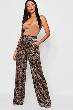 Boohoo Snake Print Velour Wide Leg Trouser