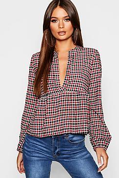 Boohoo Check Plunge Woven Smock Top