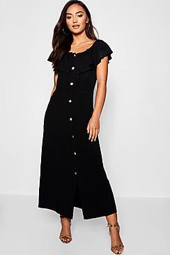 Boohoo Petite Woven Bardot Mock Horn Maxi Dress