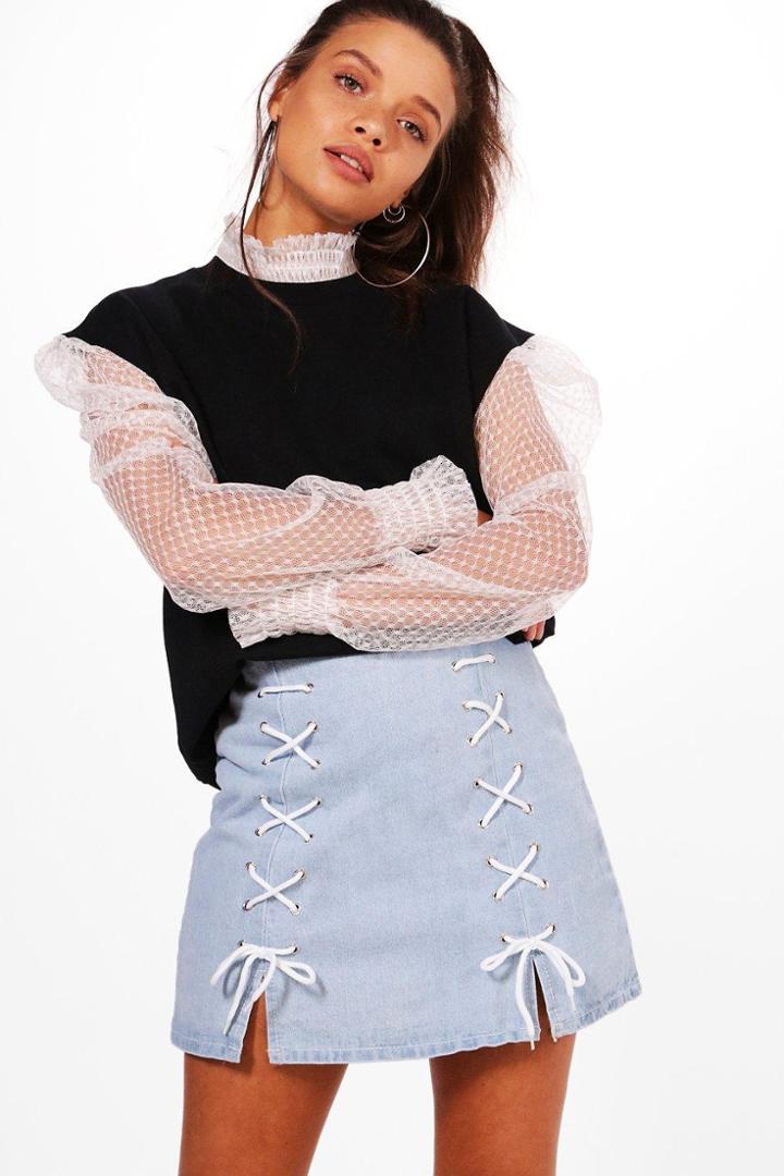 Boohoo Laura Lace Up Micro Mini Denim Skirt Blue