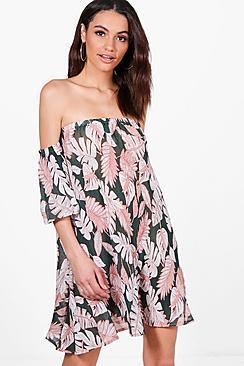 Boohoo Lara Off The Shoulder Pleated Palm Print Dress