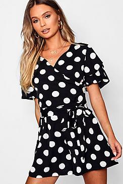 Boohoo Flutter Sleeve Large Polka Dot Playsuit