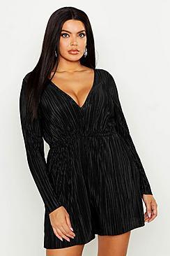 Boohoo Plus Long Sleeve Plisse Playsuit