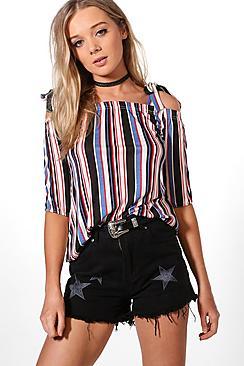 Boohoo Annabelle Tie Sleeve Stripe Bardot