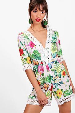 Boohoo Elle Floral Print Crochet Trim Playsuit