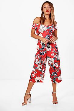 Boohoo Kaila Bardot Red Floral Culotte Jumpsuit
