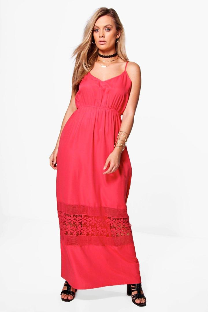 Boohoo Plus Kara Crochet Insert Plunge Maxi Dress Coral