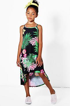 Boohoo Gilrs Dip Back Hem Dress Floral Palm