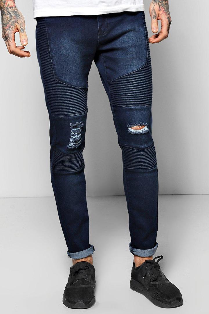 Boohoo Skinny Fit Stretch Jeans With Heavy Biker Detail Indigo