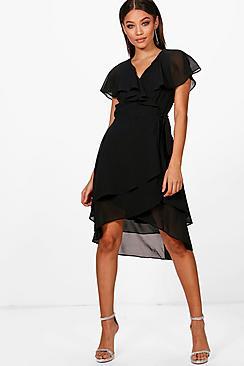 Boohoo Boutique Sian Ruffle Wrap Midi Skater Dress