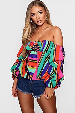 Boohoo Riley Rainbow Stripe Tie Front Ruffle Sleeve Blouse