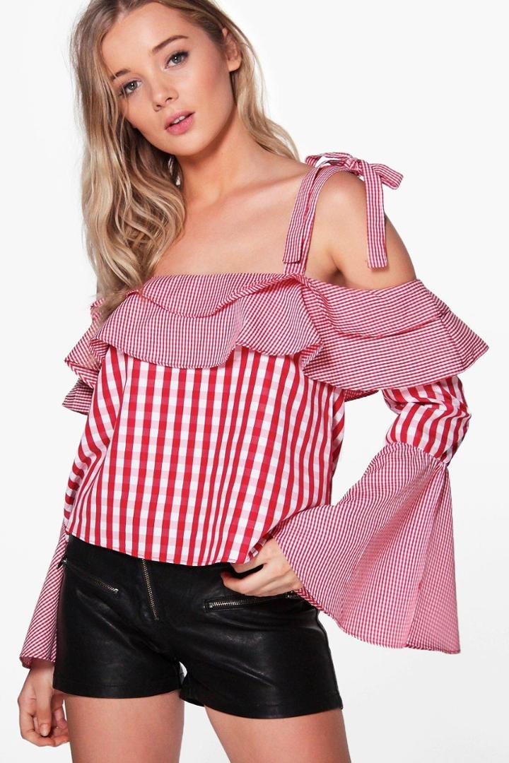 Boohoo Hallie Gingham Tie Bell Sleeve Off The Shoulder Top Red