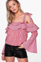 Boohoo Hallie Gingham Tie Bell Sleeve Off The Shoulder Top Red