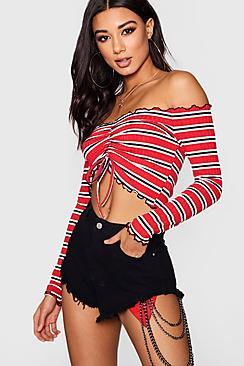 Boohoo Riley Stripe Rib Lettuce Hem Ruched Crop