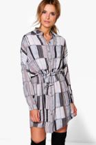 Boohoo Olga Stripe Tie Front Shirt Dress Grey