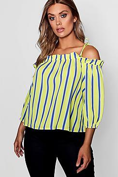 Boohoo Plus Amie Woven Tie Shoulder Stripe Top