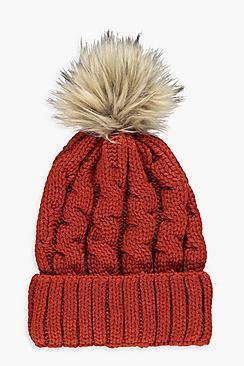 Boohoo Chunky Cable Faux Fur Beanie