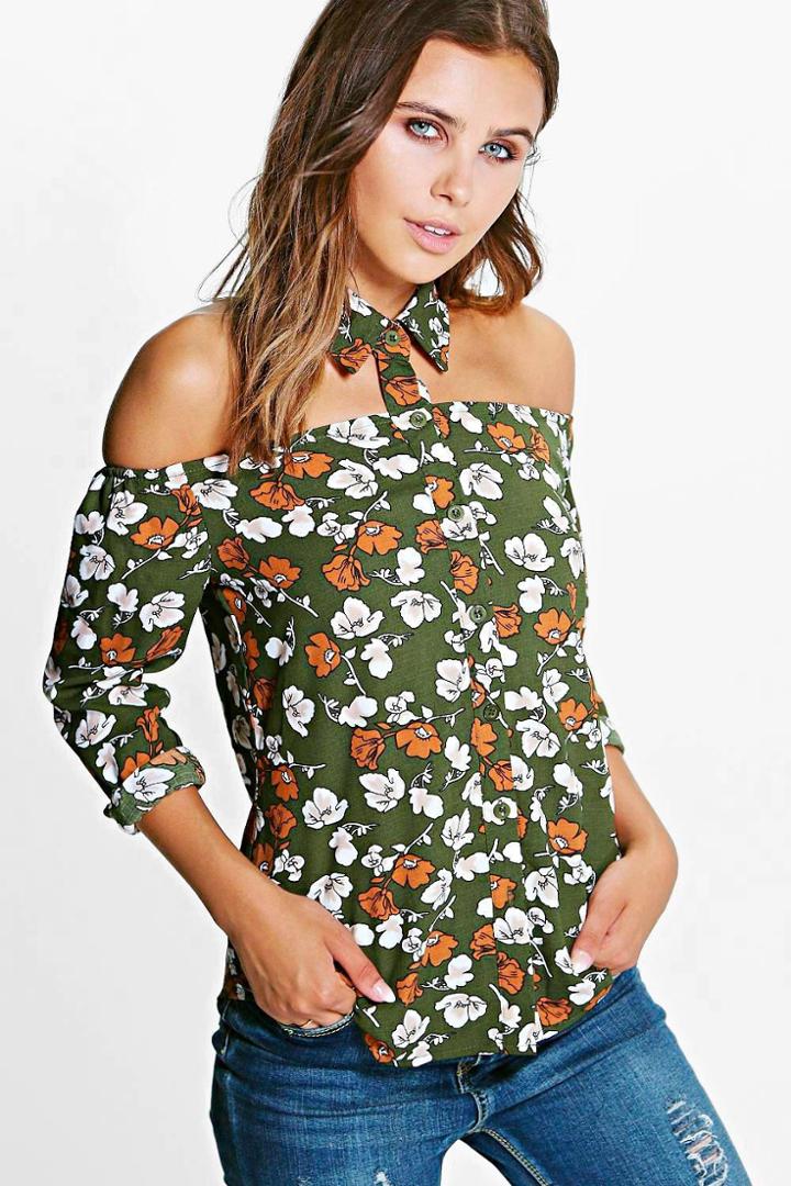 Boohoo Petite Carolyn Open Shoulder Floral Blouse Khaki