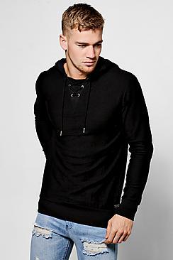 Boohoo Loop Back Hoodie With Lace Up Detail