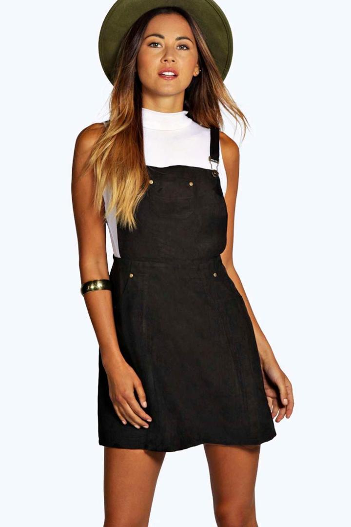 Boohoo Gabriella Suedette Dungaree Dress Black