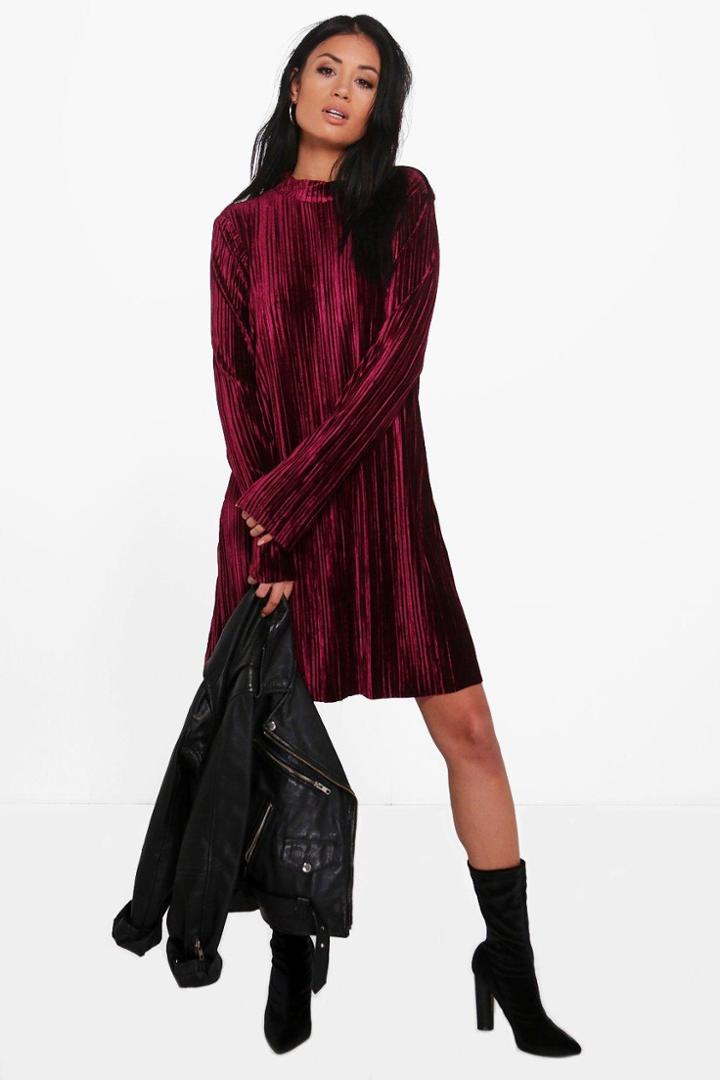 Boohoo Dehlia High Neck Velvet Pleated Shift Dress Purple
