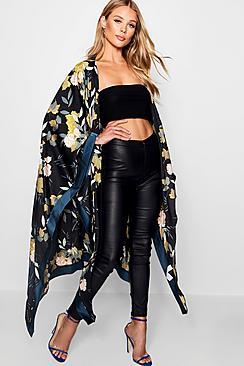Boohoo Jasmine Satin Floral Contrast Kimono