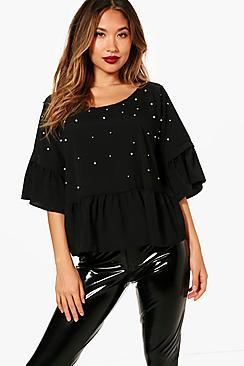 Boohoo Pearl Embellished Woven Smock Top