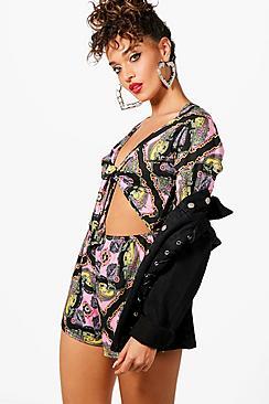Boohoo Kate Tie Front Chain Prnt Playsuit