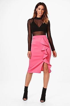 Boohoo Mya Ruffle Front Split Scuba Midi Skirt