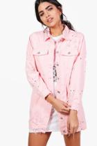 Boohoo Jilly Longline Paint Splatter Jean Jacket Pink