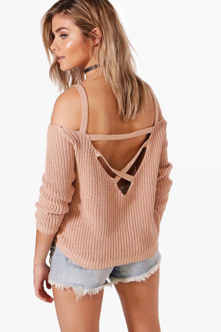Boohoo Ella Strap Boucle & Shoulder Jumper Nude