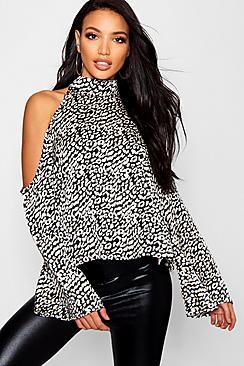 Boohoo Cold Shoulder Leopard Print Blouse