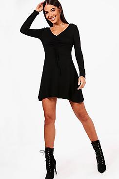 Boohoo Carlie Rouched Front Long Sleeve Tea Dress