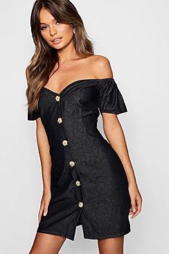 Boohoo Horn Button Off Shoulder Denim Dress