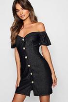 Boohoo Horn Button Off Shoulder Denim Dress